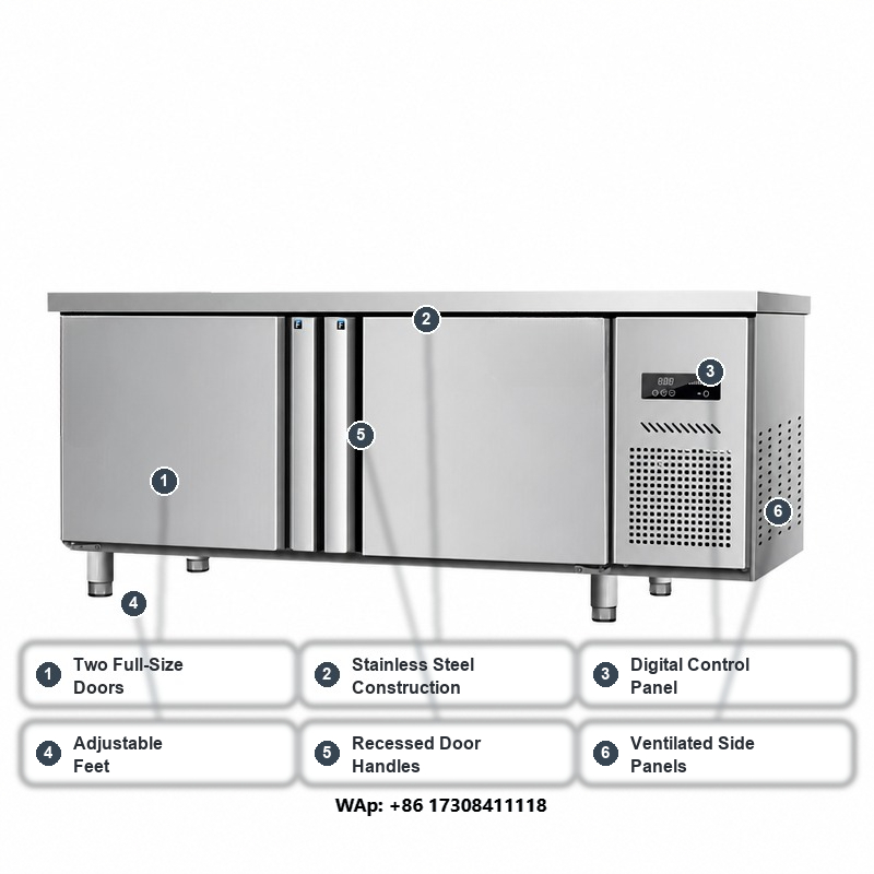 Commercial Kitchen Worktops - ตู้แช่เย็นแบบมีท็อปสแตนเลส 2 ประตู ตู้แช่แข็งแบบติดตั้งใต้เคาน์เตอร์ ประหยัดพลังงาน สำหรับครัวเชิงพาณิชย์